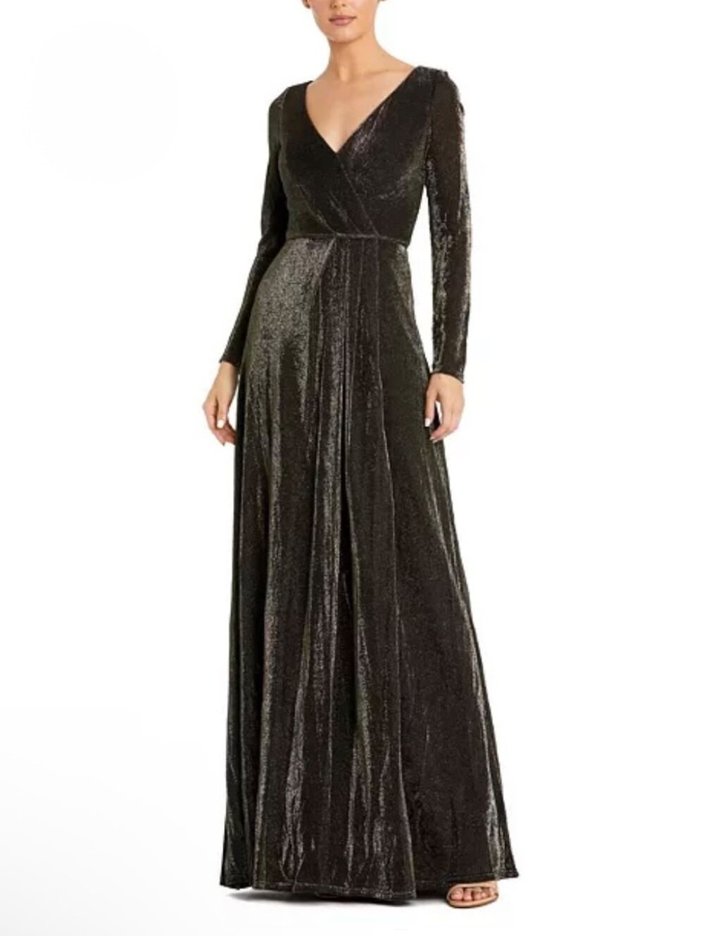 Mac Duggal Black Long Sleeve Faux Wrap A Line Maxi Gown